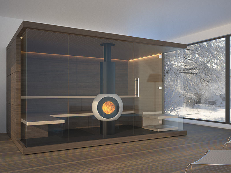 Sauna au design contemporain avec poêle à bois moderne