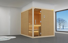 Sauna design semi ajouré en bois sur vitrage securit